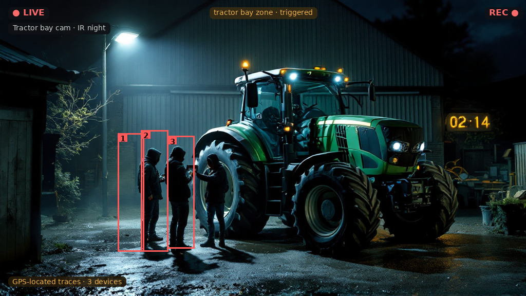 Night infrared CCTV flagging intruders beside a tractor in a farm building