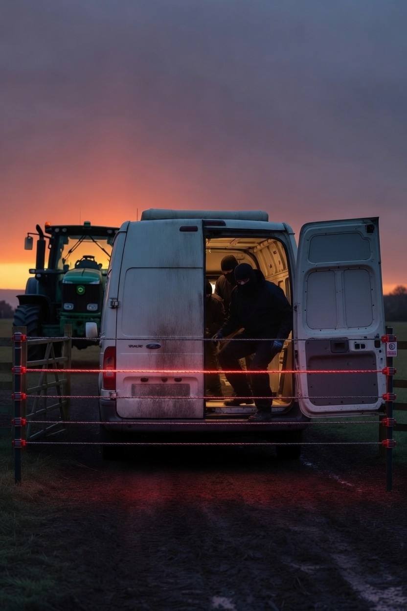A rural estate at dusk protected by an off-grid perimeter security system