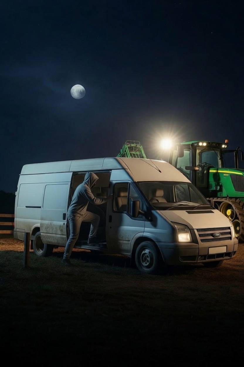 Masked figures at a farm vehicle at night, the moment an off-grid alarm triggers